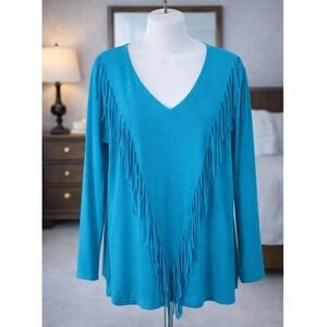 Vince Camuto Fringe Turquoise V-Neck Knit Pullover Sweater Blue Size Medium